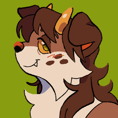 A digital portrait drawing of my fursona. I'm a cream and brown dog with long fur, short yellow horns, and brown freckle markings.